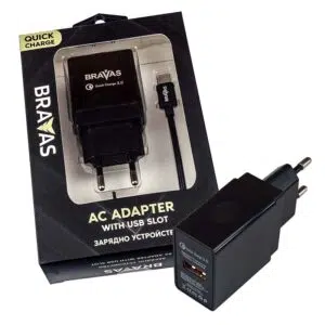 Зарядно устройство BRAVAS, USB Type A - Type C за стена QUICK CHARGE 3.0, сертифицирано